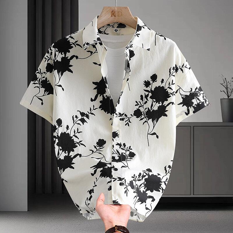 Men Short Sleeve Button Down Shirt Tropical Leaf Print Casual Summer Beach Shirt