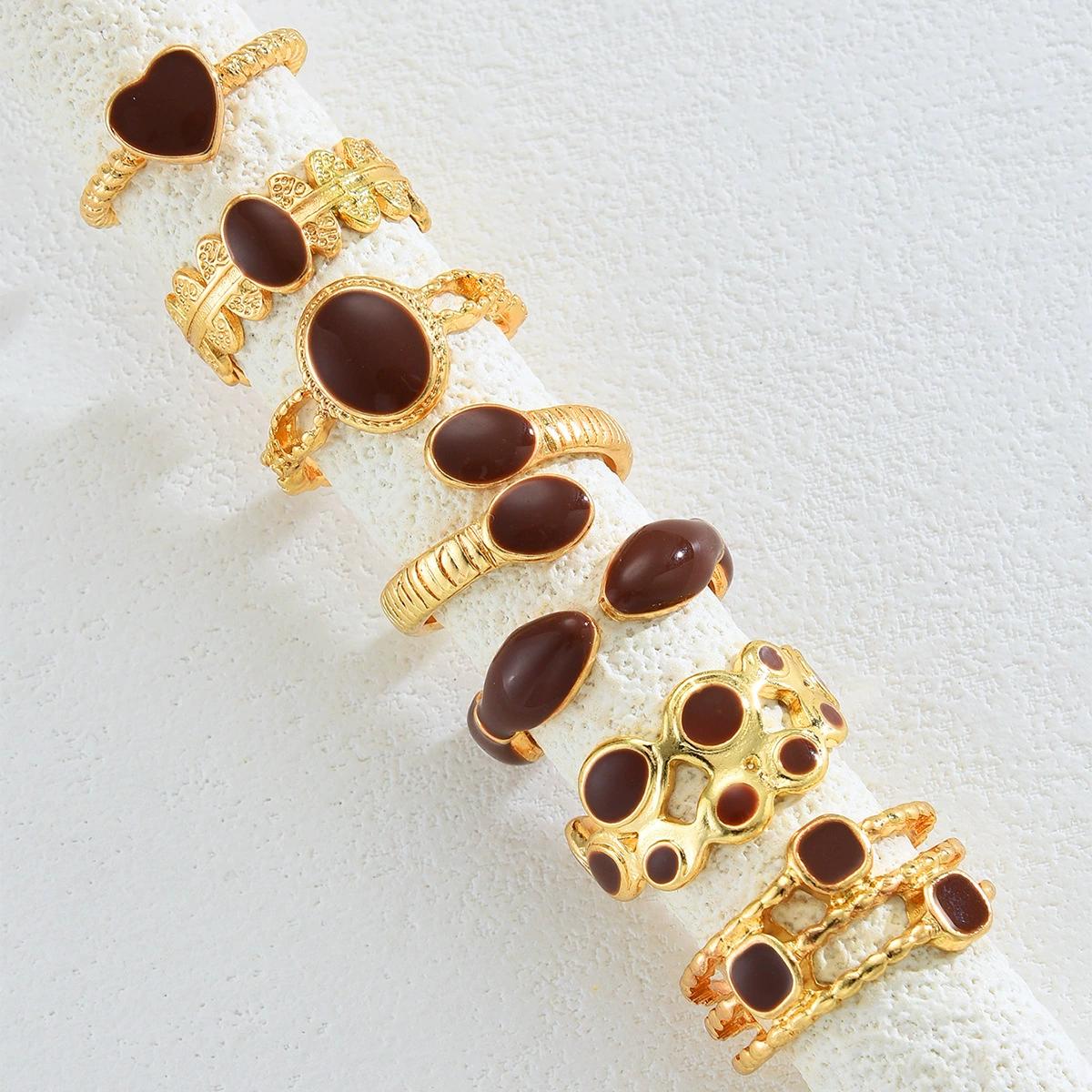 

17KM 7Pcs/Set Vintage Oval Brown Stone Open Rings for Women Luxury Round Gold Color Adjustable Knuckle Ring Lady Jewelry Gift