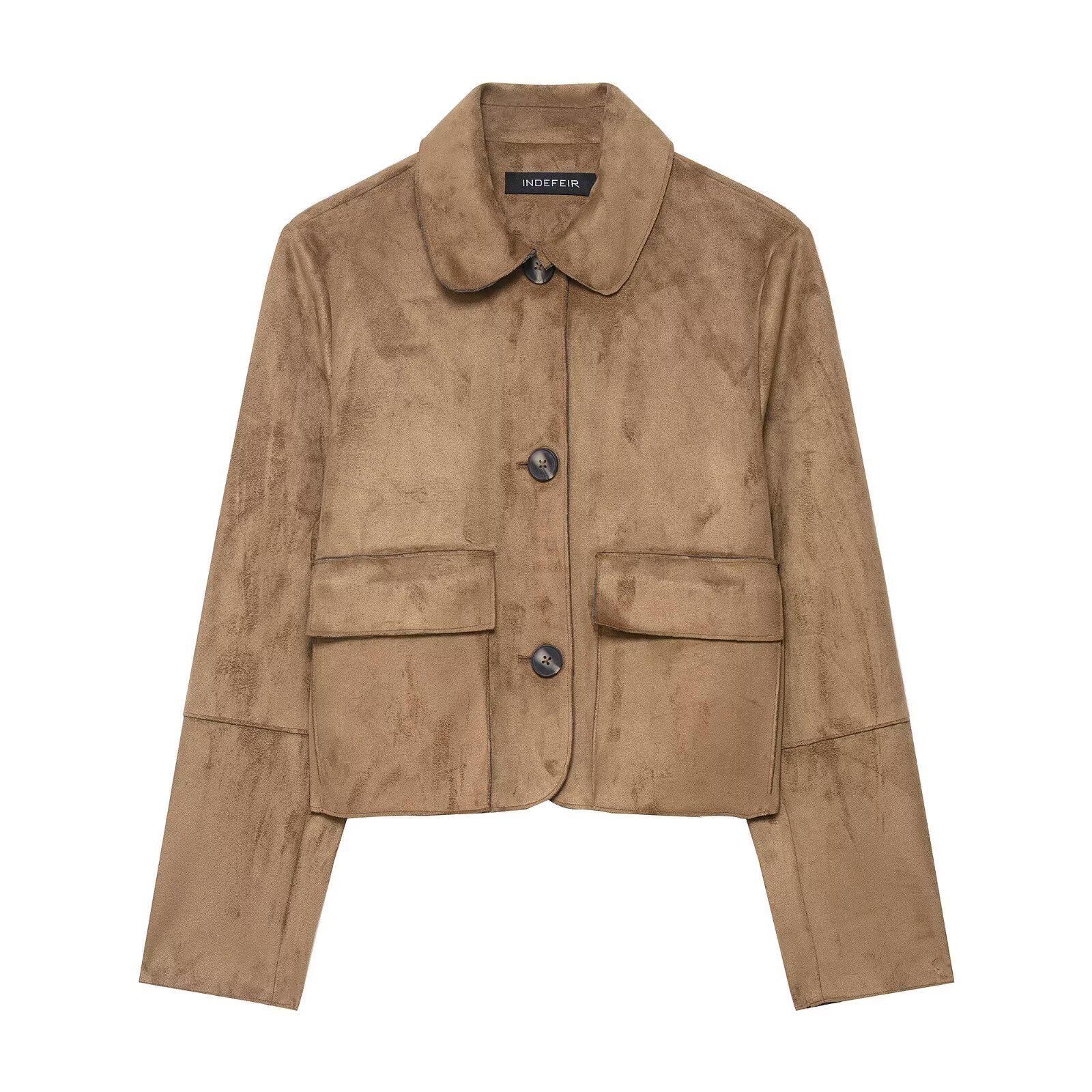 

European and American Women s Fashion Suede-Effect Short Jacket Coat Extra Small