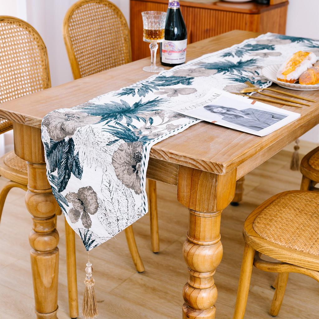 Table Christmas Stylish Decoration Blue Green Floral Table Runner For Home Decor