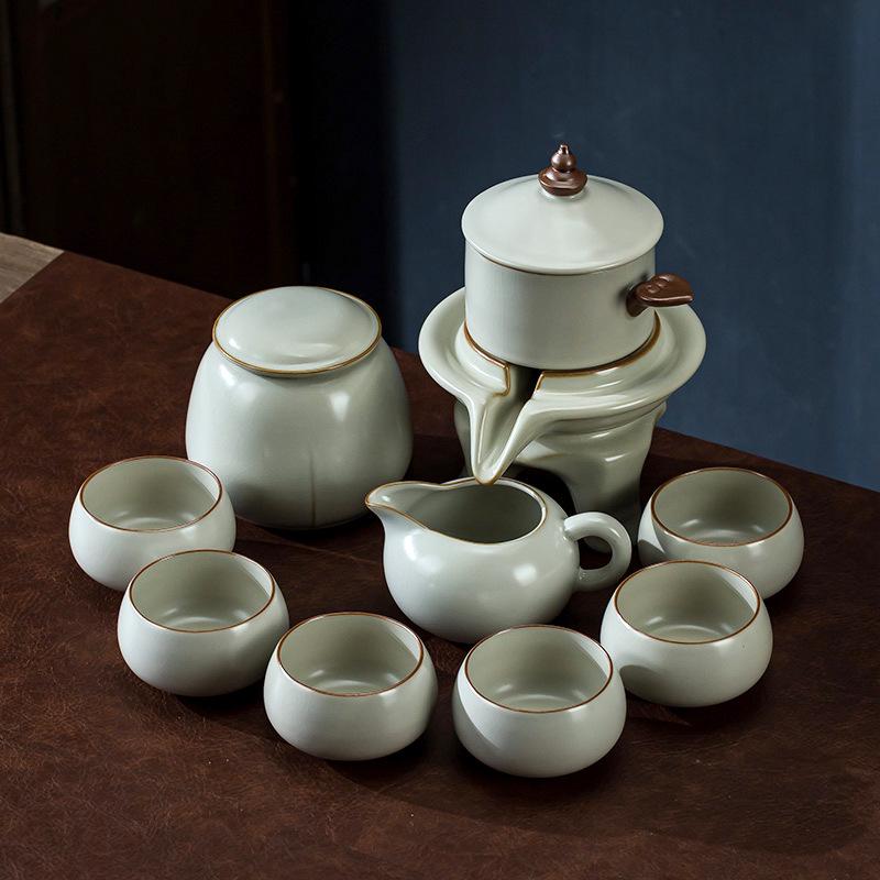 Beige Ru Kiln Kung Fu Tea Set Household Ceramic Automatic Set Office Visiting Tea Small Set Gift Box Printing