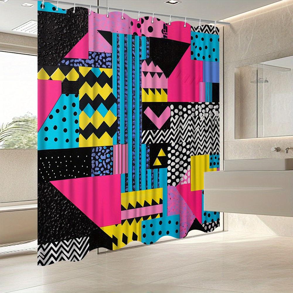 Abstract Geometric Shower Curtain – Bold Color Blocks & Pop Art Design, Vibrant Pink, Blue & Black Pattern, 70.8X70.8In,