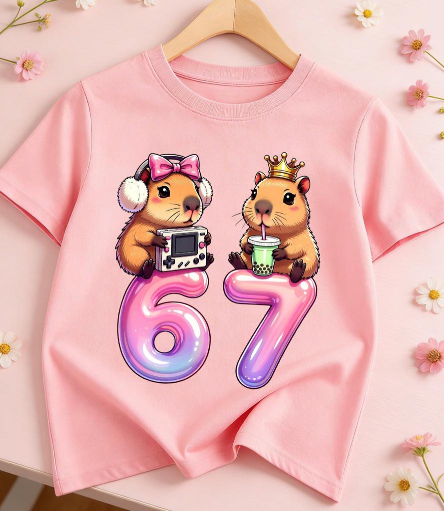 Girls Boys Casual Round Neck Short Sleeve TShirt 67 Number Capybara Cartoon Print TShirt Capybara Lover Birthday Gift Shirts