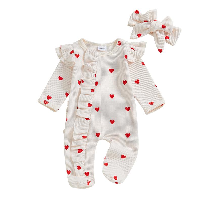 

Newborn Baby Girl Valentine s Day Rompers Ruffles Love Heart Long Sleeve Zip Up with Bow Headband 2 Pcs newborn