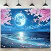2D Night Sky Moon Cherry Blossom Backdrop, Beach Water Reflection Wall Decor Banner