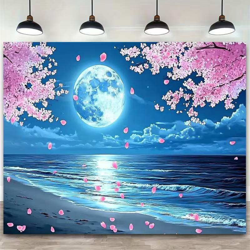 

2D Night Sky Moon Cherry Blossom Backdrop, Beach Water Reflection Wall Decor Banner 47.2x31.5inch/120*80cm