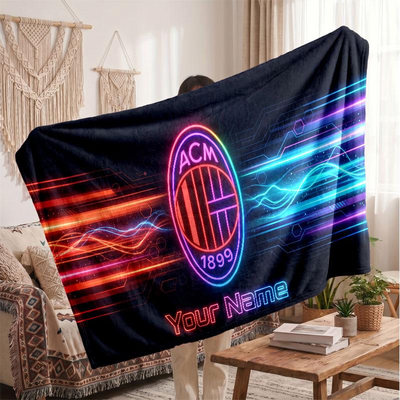 Coperta in Pile Personalizzata AC Milan con Logo Calcio, Testo Nome Personalizzato Morbida Calda Coperta da Divano per la Casa
