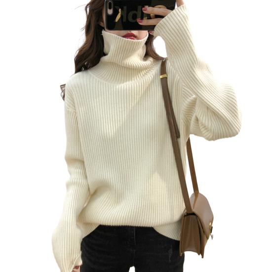 Frauen Herbst Winter Einfarbig Pullover Rollkragen Langarm Rippen Gestrickte Pullover Tops Lose Fit Strickwaren