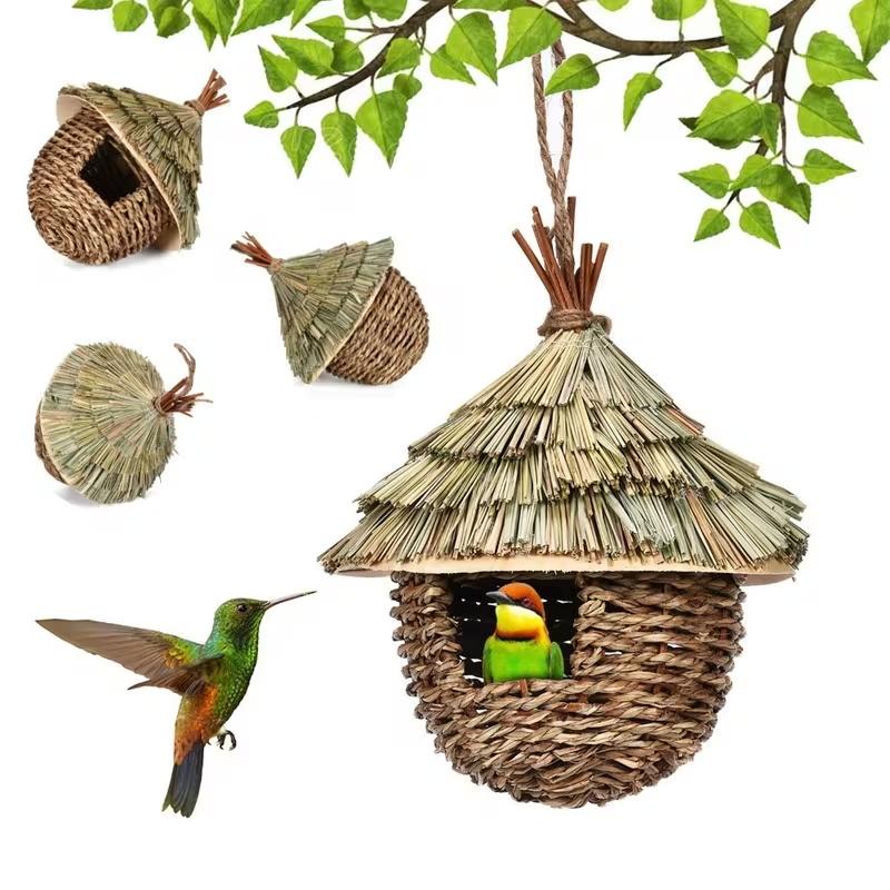 Handwoven Straw Birdhouse - Terrace Natural Nest Box with Straw Roof, Durable Indoor/Outdoor Birdcage, Suitable for Bird Lovers