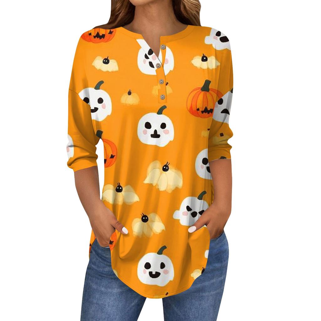 Women's Fashion Loose Button Collar Halloween Print Long Sleeve T-Shirt Top Pullover