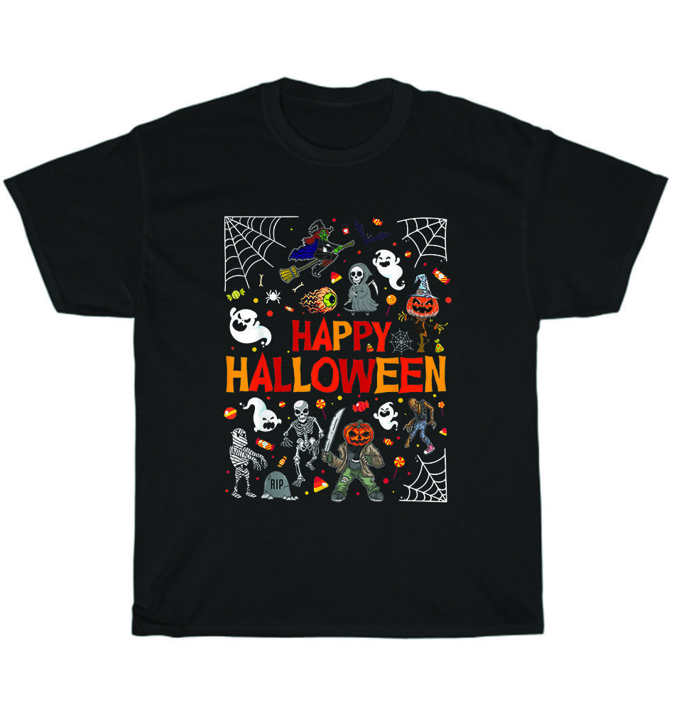 Happy Halloween Scary Spooky Retro Style Pumpkin Skeleton Ghost Witch T-Shirt