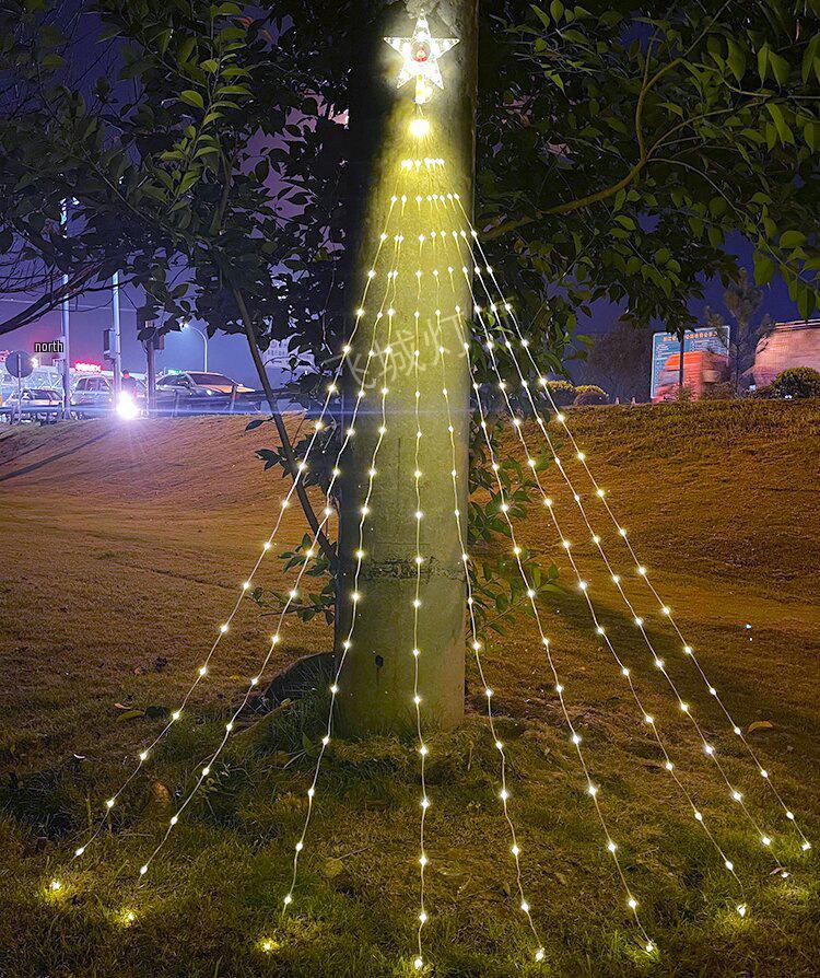 LED Solar Santa Pentagram Waterfall String Lights - Copper Wire Star Fairy Lights for Christmas Tree & Courtyard Decorations