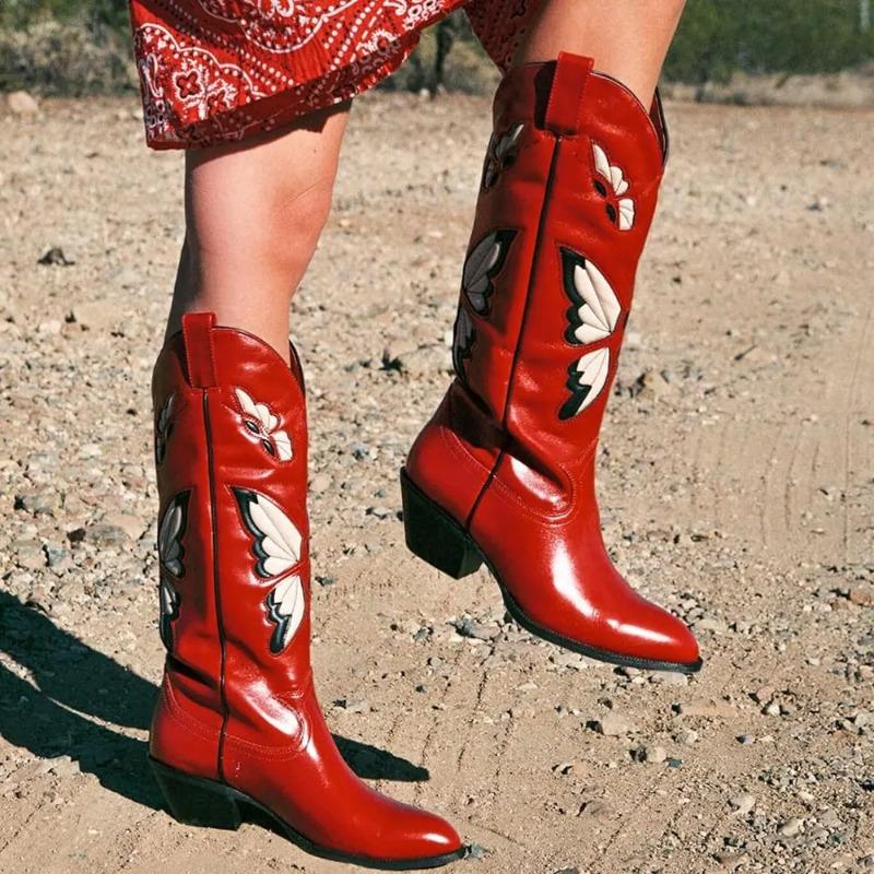 Fashion 2025 Brand New Big size 43 Red Butterfly Cowboy Boots for Women Black Vintage Slip On Cowgirls Knee High Boots Shoes