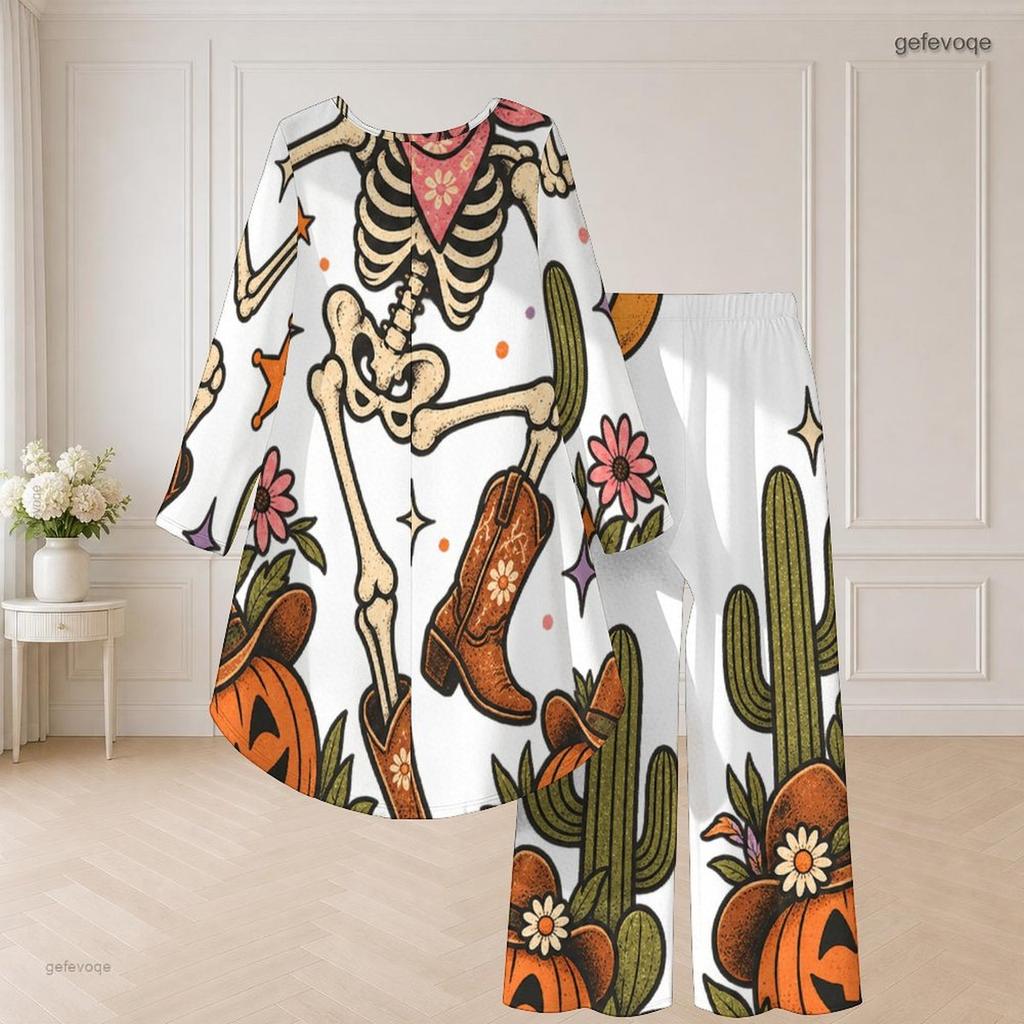 Women Plus Size Round Neck Long Sleeve Cartoon Bear Printed High Low Top Wide Leg Pants Two Piece Set