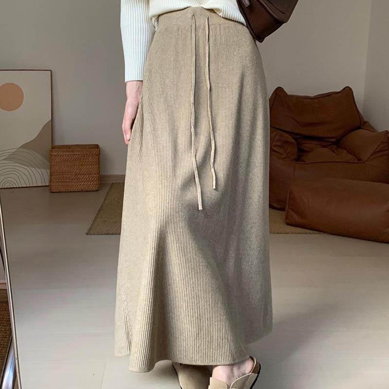 Skirt for Women Casual Versatile Elastic High Waist Long Loose Thickened Stretchy Slim Solid Colour Knit  Skirt