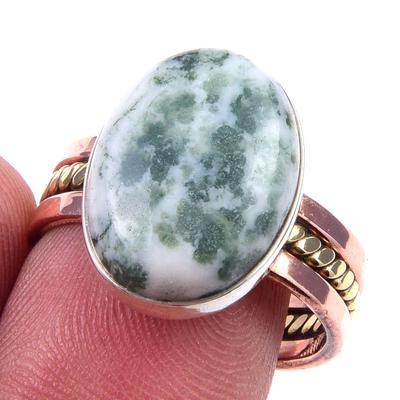 Natural Green Dendrite Opal Gemstone 925 Sterling Silver Two Tone Ring S.9 T9v89