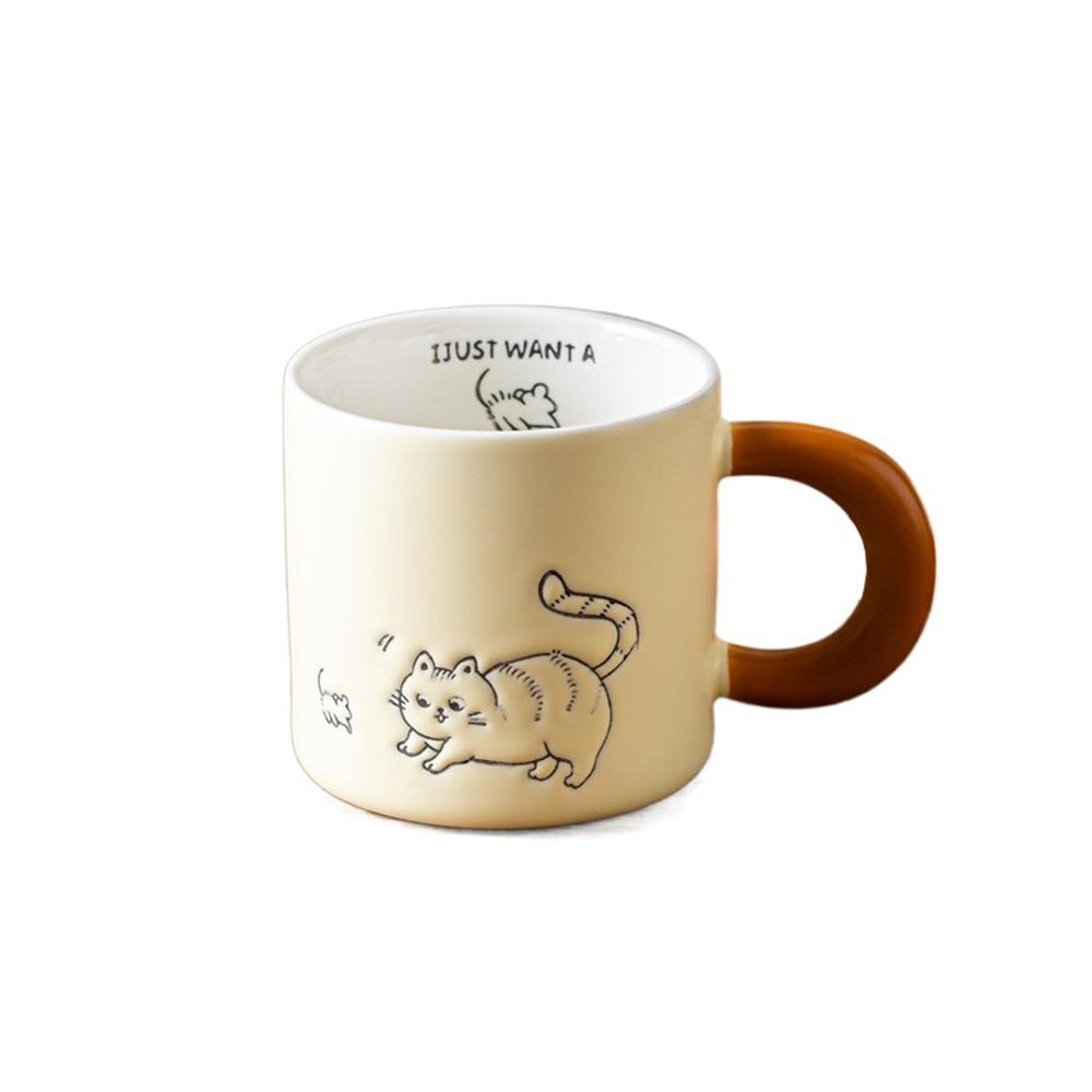 Hand Drawn Ceramic Coffee Cup with Spoon Water Cup with Lid Cartoon Cat Drinkware  Milk