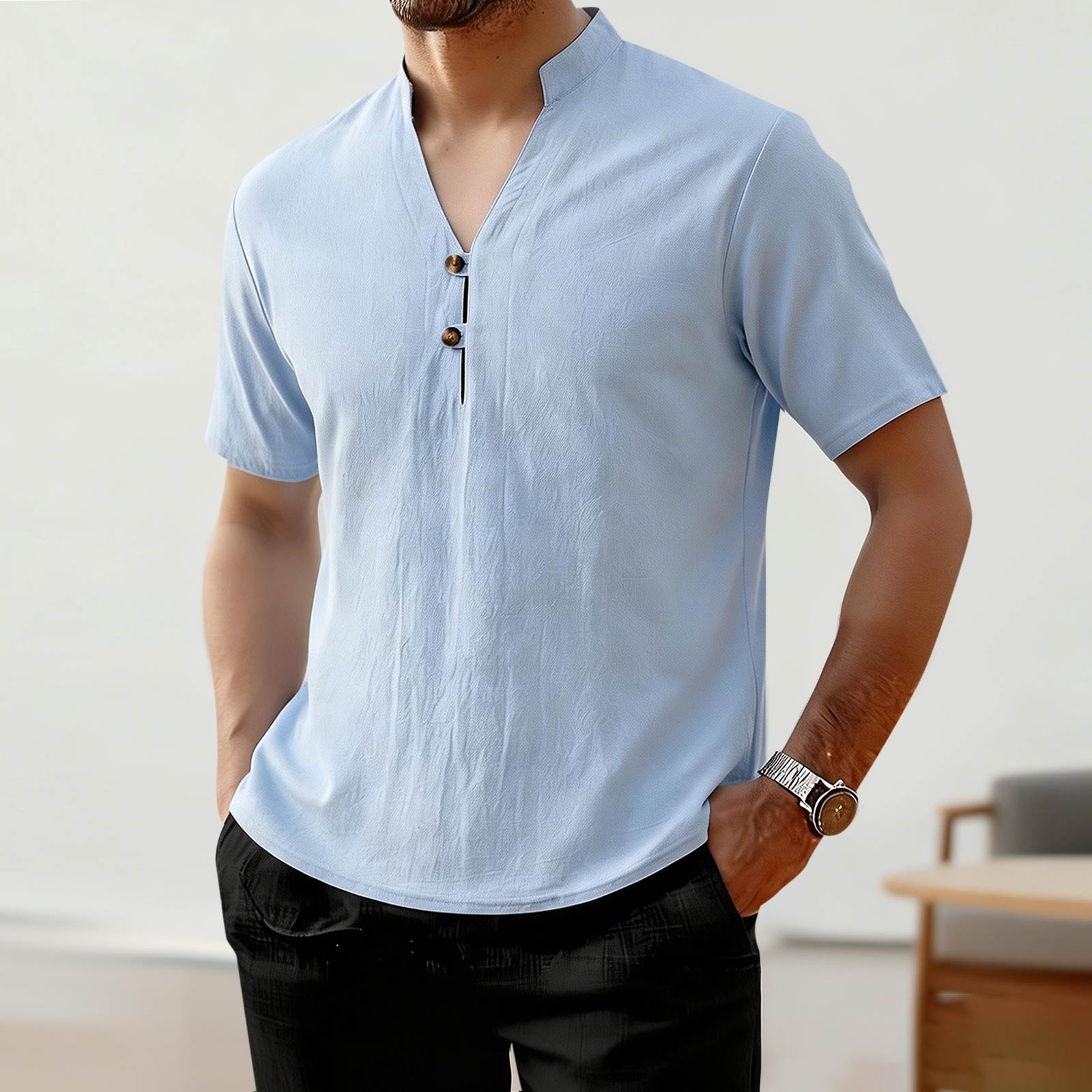 

Men s Shirt Casual Stand-up Collar Loose Shirt Short-sleeved Cotton And Linen M