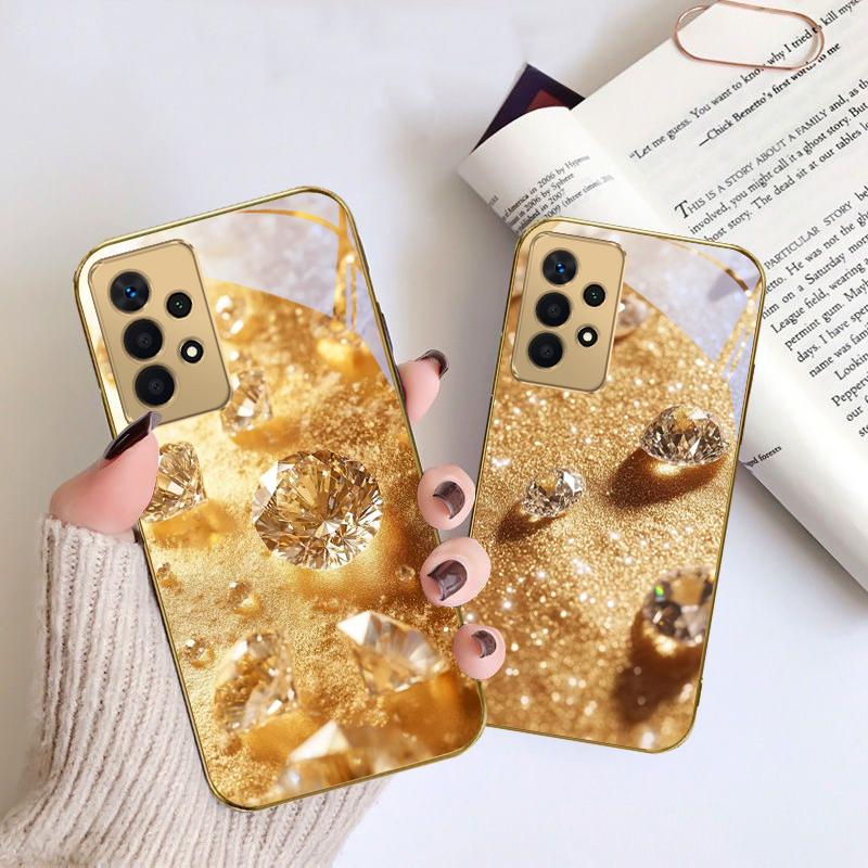 Brilliant Gold Diamonds For Samsung A 01 52S A04 A05S A10 A12 A13 22 23 24 36 42 M02 Note 10 20Ultra 8 9 Golden Glass Phone Case