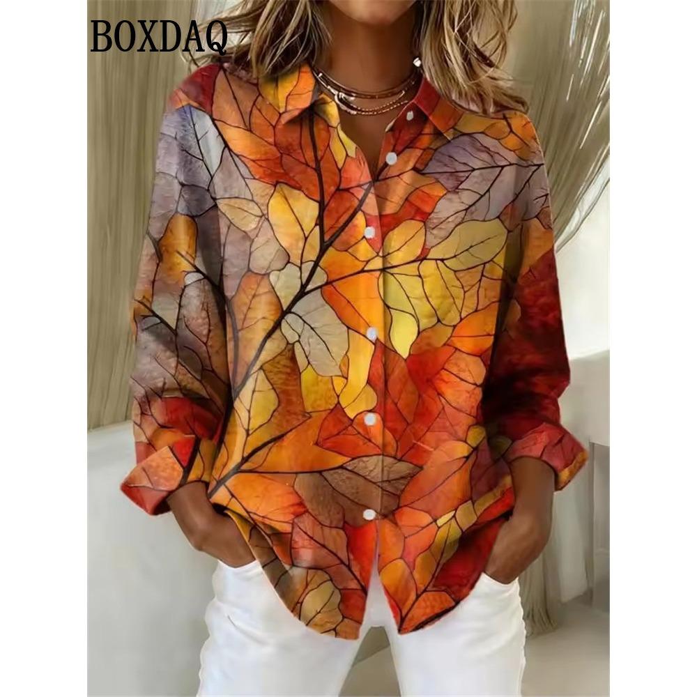 Women's Long-Sleeve Shirt Spring Summer Maple Leaf Print Blouse Casual Everyday Wear Paisley Print Lapel Female Tops