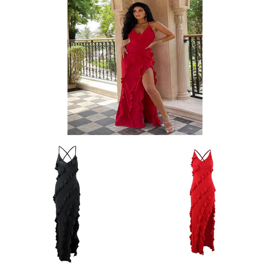 Sexy V Neck Milk Silk Sleeveless Dress With Ruffle Edge And Side Slit For Night Out