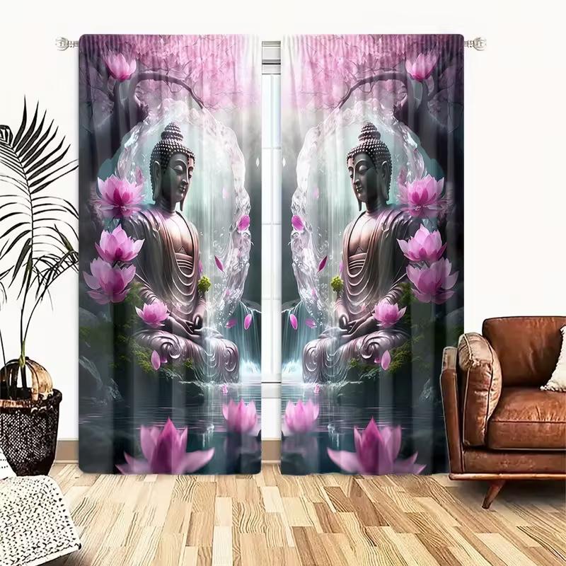 2 Pcs Lotus Buddha print curtains,suitable for bedroom,living room kitchen decoration,home decoration,window decoration