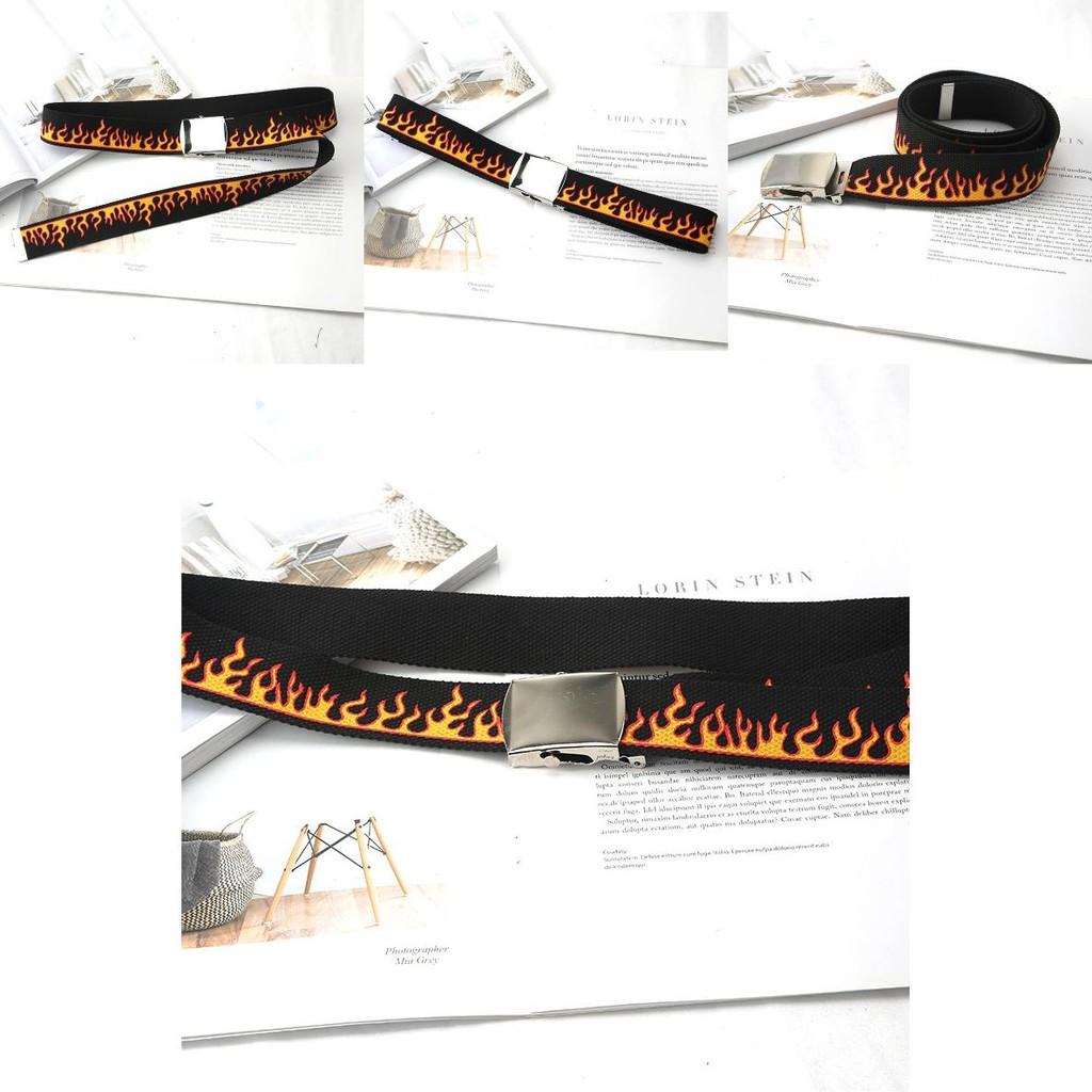 Fashionable Flame Pattern Metal Buckle Decoration Woven Canvas Belt For Men And Women Casual Style