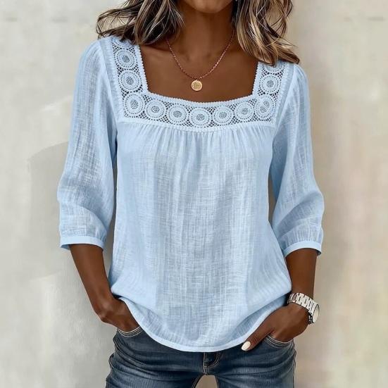 Camicetta da Donna Scollo Quadrato Manica 3/4 Colore Unico Casual Vestibilità Larga Pizzo Intrecciato Estiva Traspirante Top