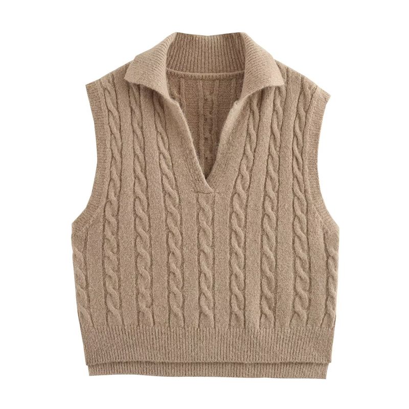 Kaslead New Arrival Women's Clothing Fashion Style Old Money Style Polo Lapel Cable Stitch Knitting Sweater Vest