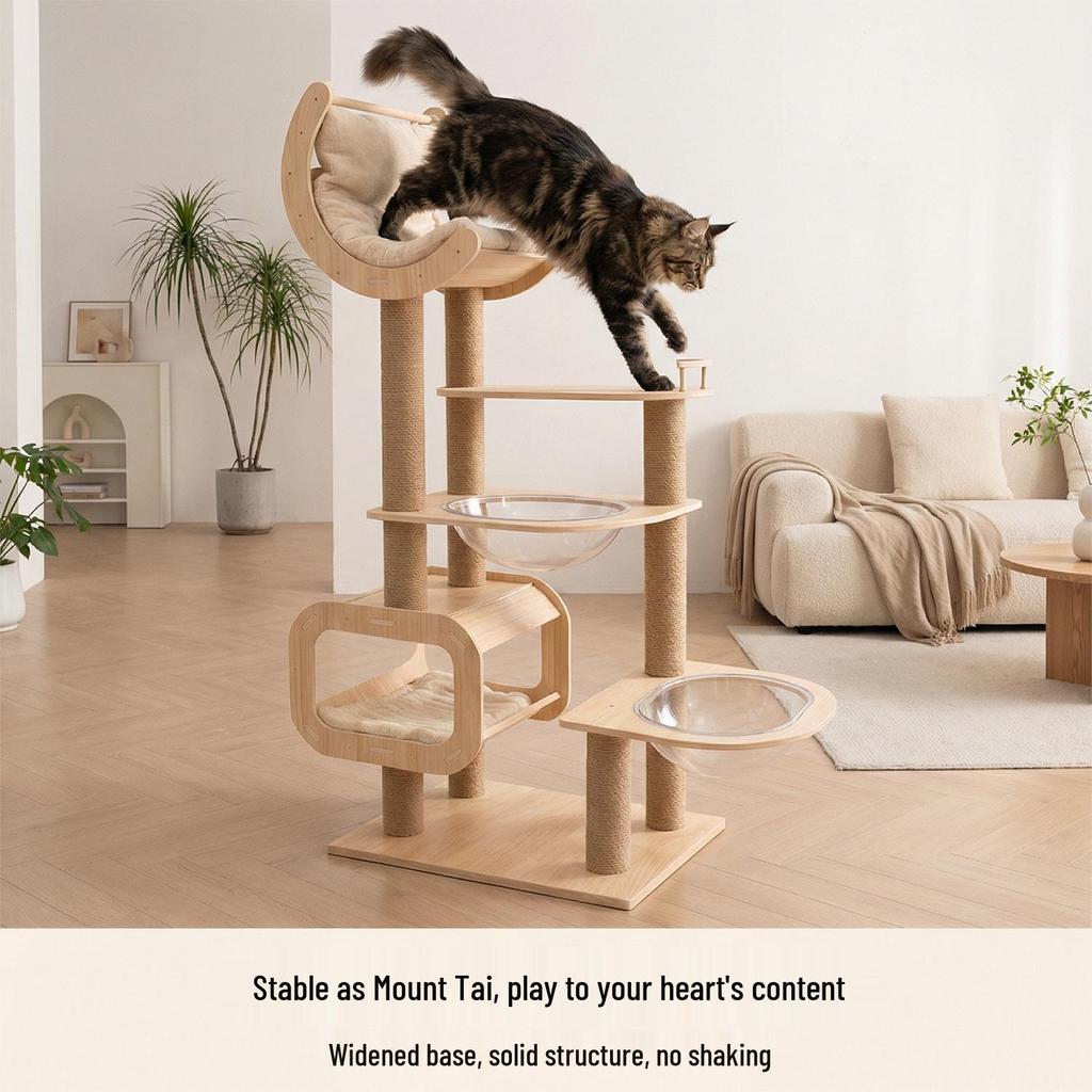 Space-Saving Wooden Multi-Level Cat Tree with Integrated Capsule Bed