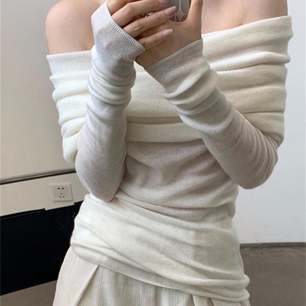 Damen-Strickpullover mit French Line-Schulter, schmaler Passform, schulterfrei, langen Ärmeln, einfarbig