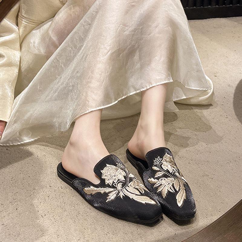 Fashion Comemore Baotou Half Slippers Rhinestone Embroidered Flowers Flip FlopsThick Flat Bottom Sandals Female Casual Mules Slipper