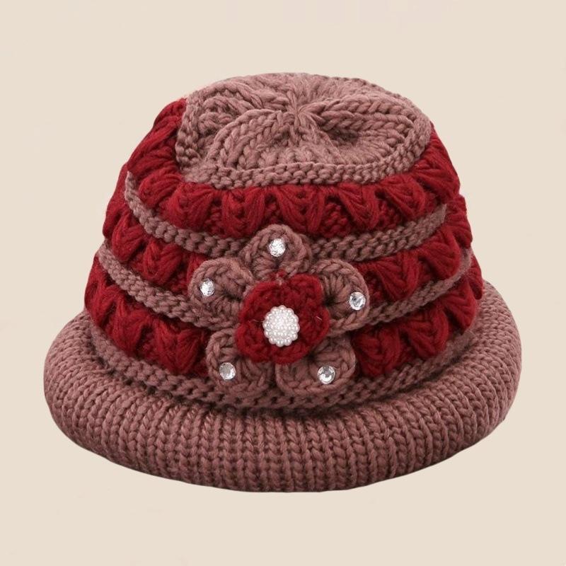 Winter New Middle-aged and Elderly Mothers' Hats with Velvet and Thickening Grandma Pullover Hats with Ear Protection and Warm Knitted Woolen Hats