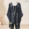 Women Plus Size Round Neck Wide Batwing Sleeve Loose Printed Black Top Side Slit Hem