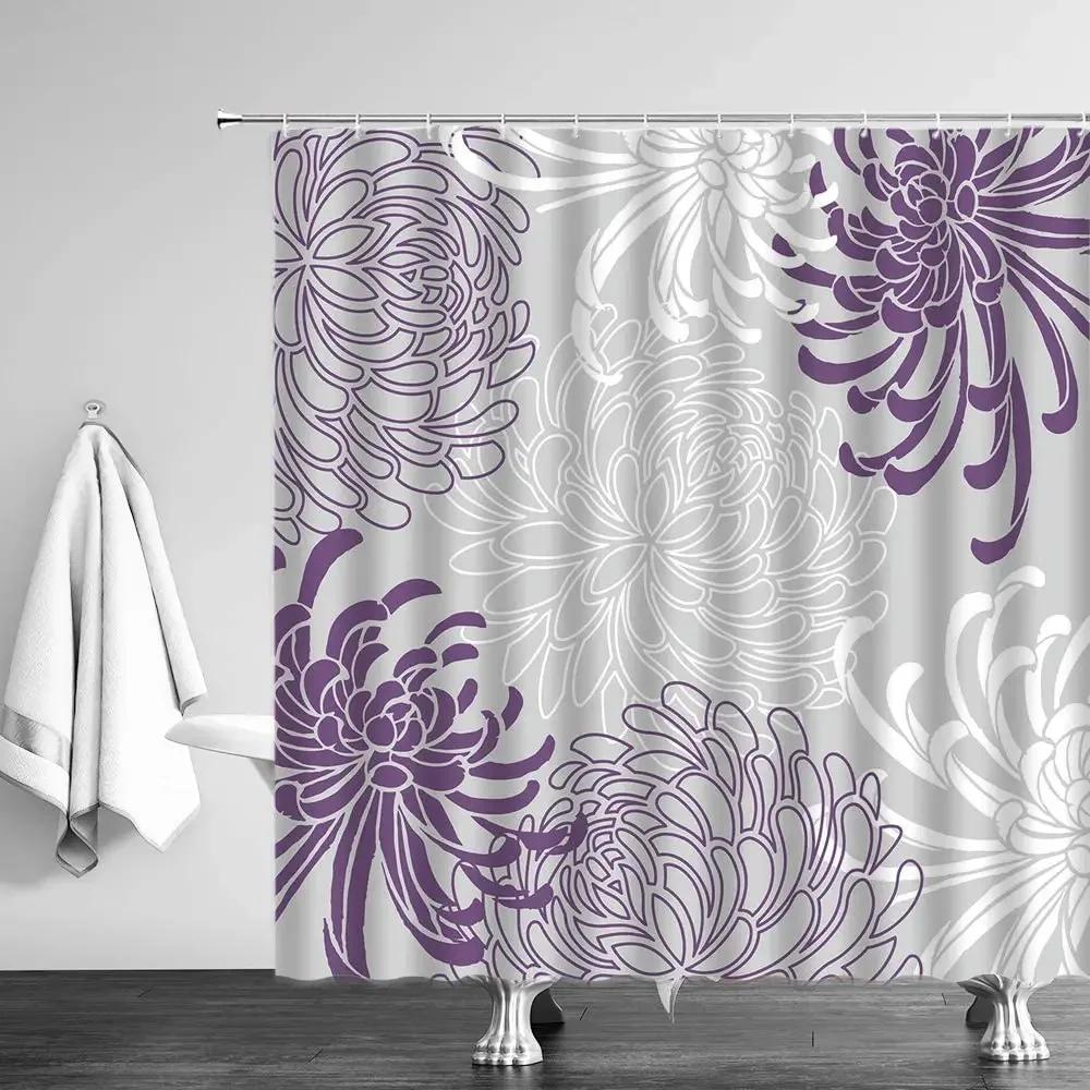 Purple Flowers Shower Curtain Abstract Chrysanthemum Gray Background Autumn Plant Fabric Bathroom Decor Curtains Sets with Hooks