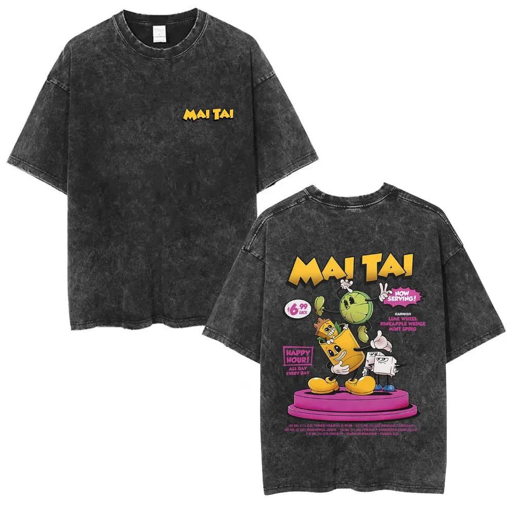 Oversized Acid-Wash Short-Sleeve T-Shirt Featuring Mai Tai Retro Cartoon Mascot Double-Sided Graphic Print L