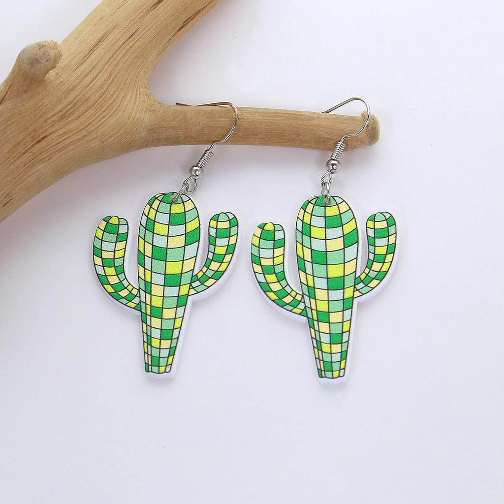 Plaid & Cow Print Acrylic Cactus Earrings for Women