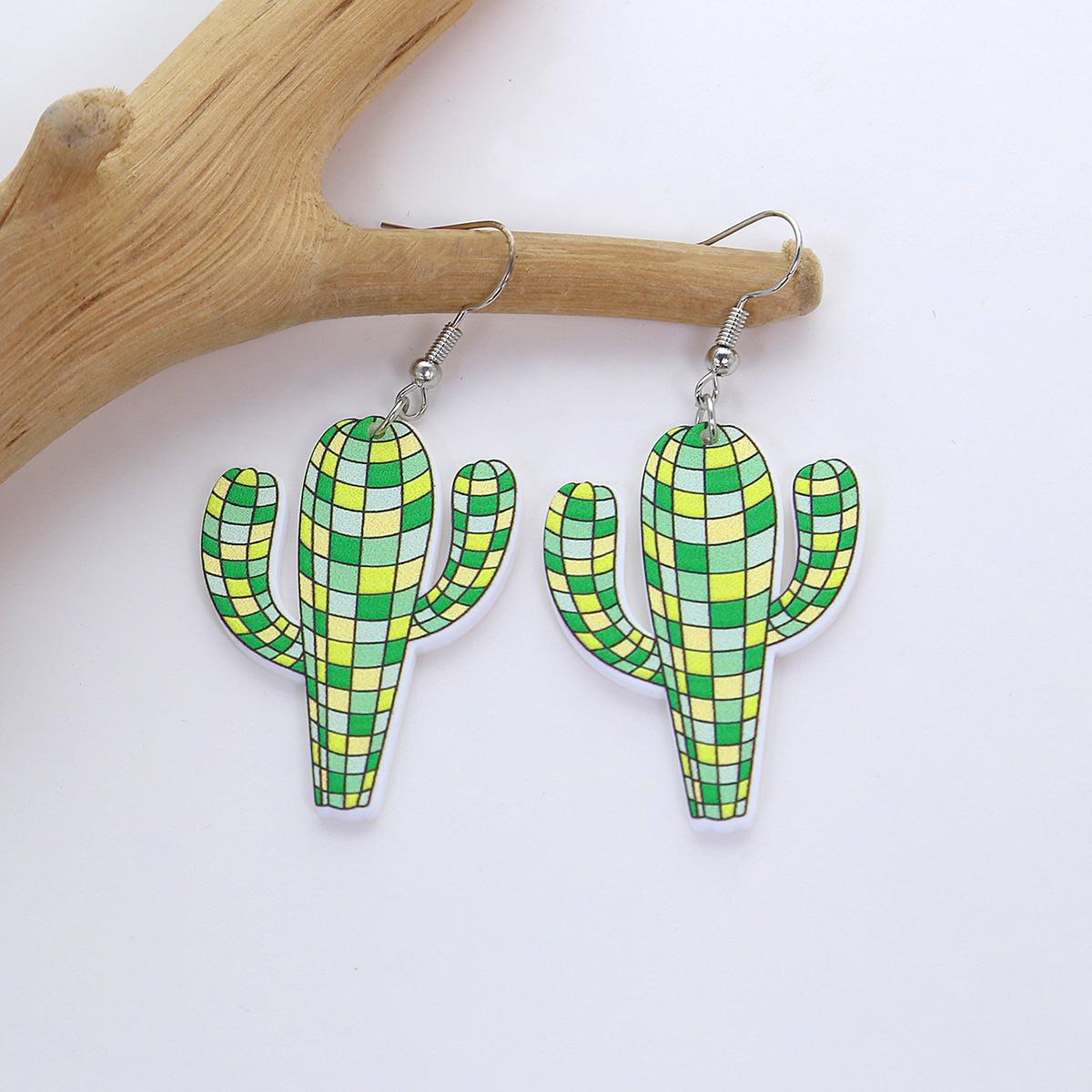 Plaid & Cow Print Acrylic Cactus Earrings for Women