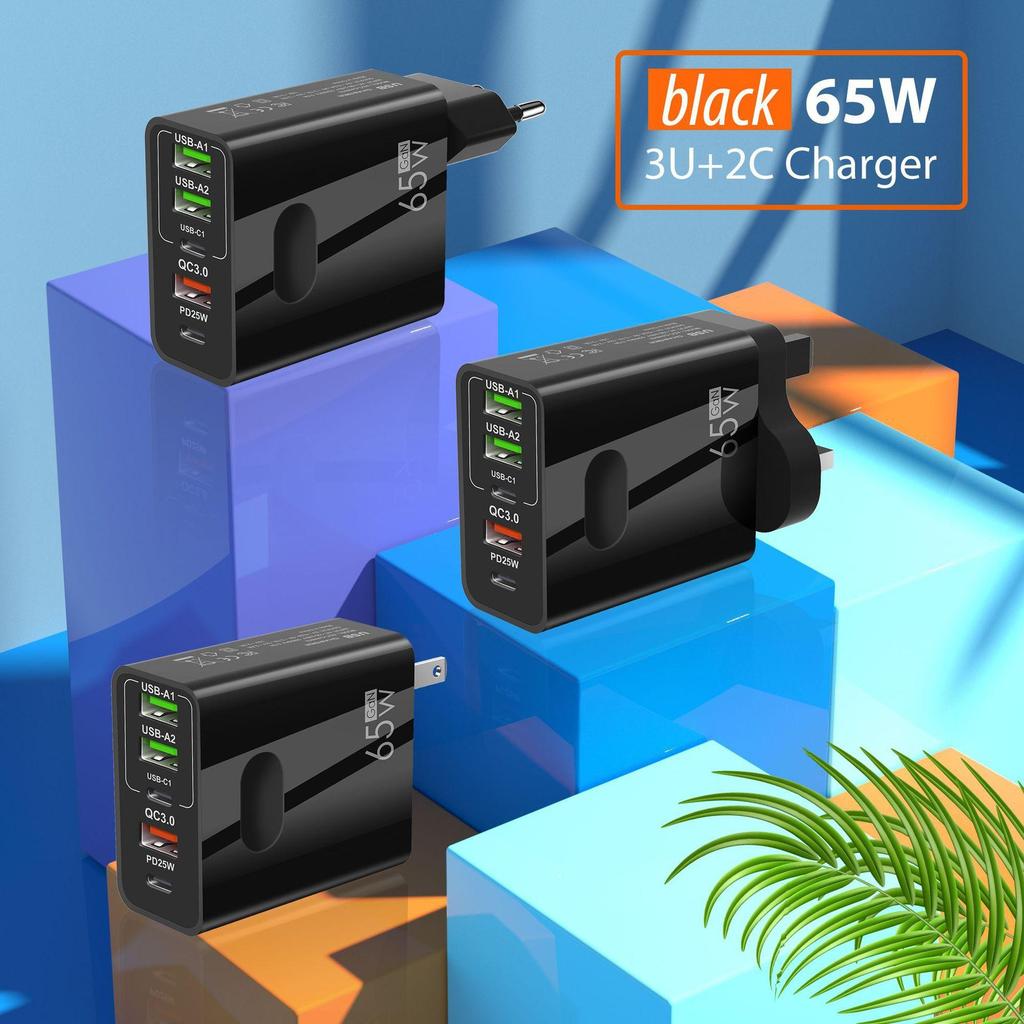 Gallium Nitride 65W Multi-Port Fast Charger with 3 USB-A & 2 USB-C Ports