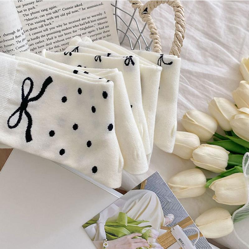 5 Pairs Women Bow Socks Spring Summer Autumn Winter Middle Tube Sock Thin Breathable Girls Cotton Socks Soft Comfortable Footwear