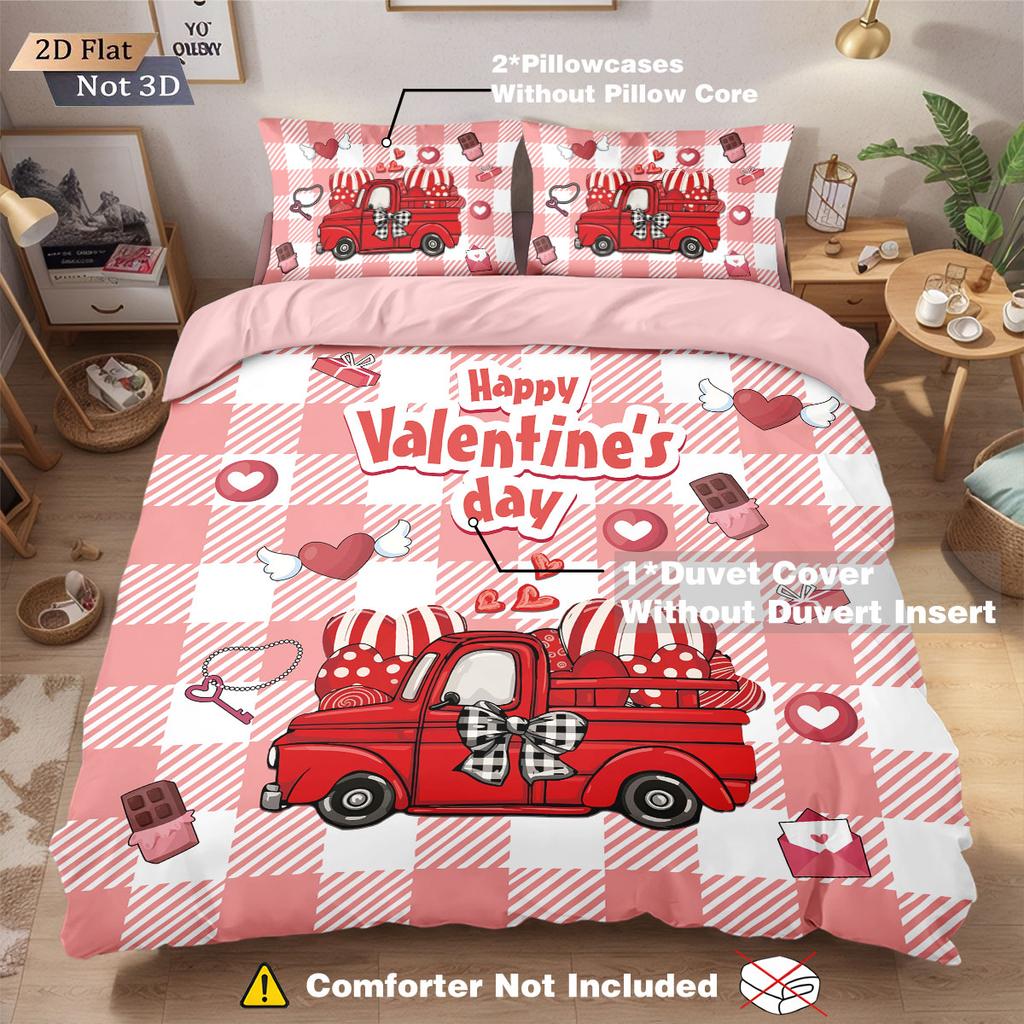 3pcs Valentine's Day red love car print coreless down duvet cover set multi size bedroom bedding decoration machine washable