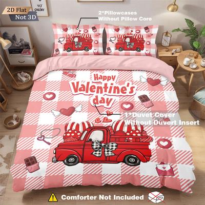 3pcs Valentine's Day Red Love Car Print Coreless Down Duvet Cover Set Multi Size Bedroom Bedding Decoration Machine Washable