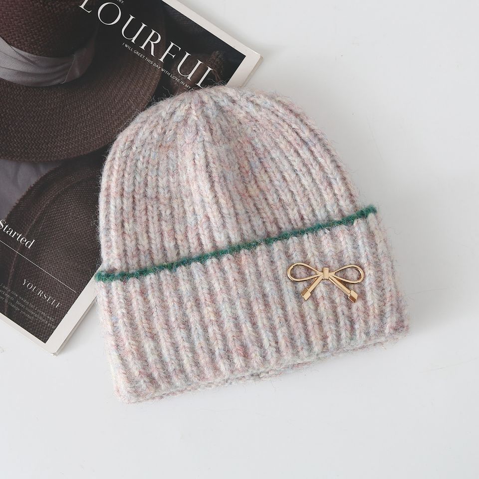 New autumn and winter women's bow knitted hat big head circumference thickened warm ear protector wool hat shows small face cold hat