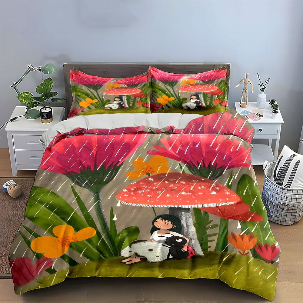 Fairytale Decor Mushroom Rain Scene Soft Comfortable Duvet Cover Bedding Set Included 1*Duvet Cover & 2*Pillowcases, Gift
