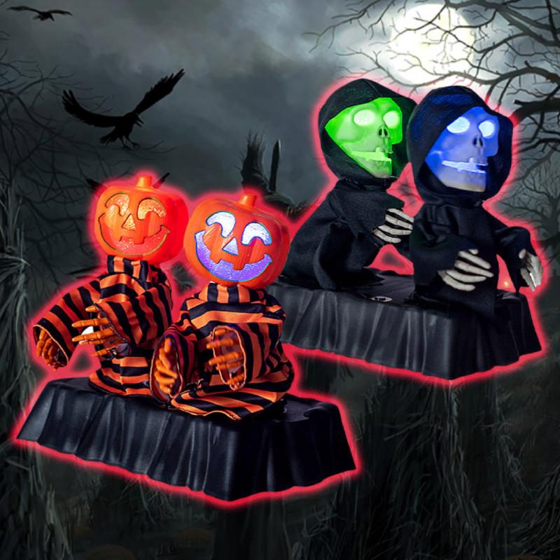 Colorful Light-up Pumpkin And Skeleton Duo Animated Sound Effects Halloween Decor