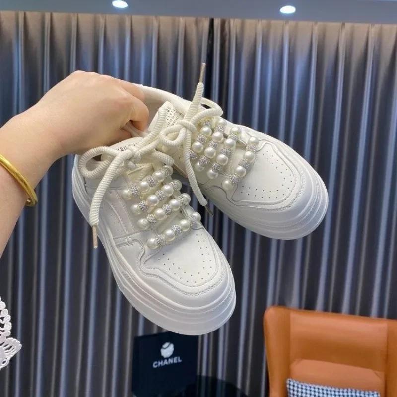 Thick Bottom Pearl Embellished Women's Sport Shoes Casual Trendy Rubber Outsole Synthetic Upper Versatile Platform Sneakers