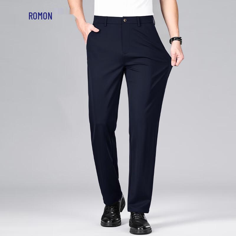 Romon Men's Lightweight Four-Way Stretch Straight-Leg Business Casual Trousers