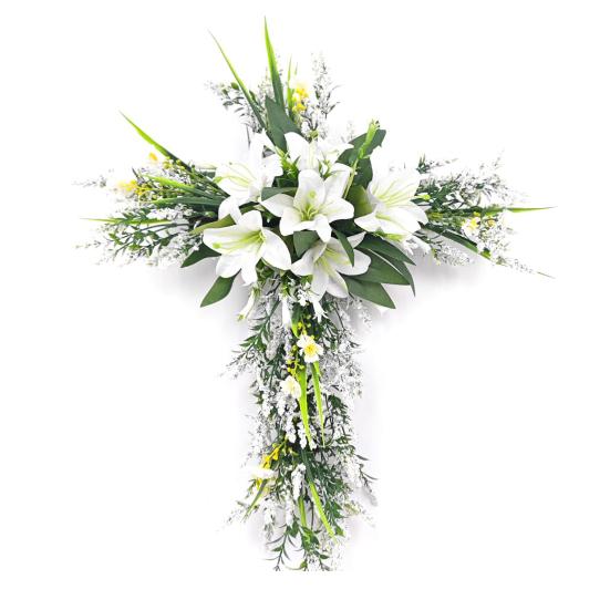 

Artificial Lily Wreath for Door Wall Faux Floral Hanging Decor for Home Garden Church Rustic Religious Ornament for Spring Easter Wedding 1pc