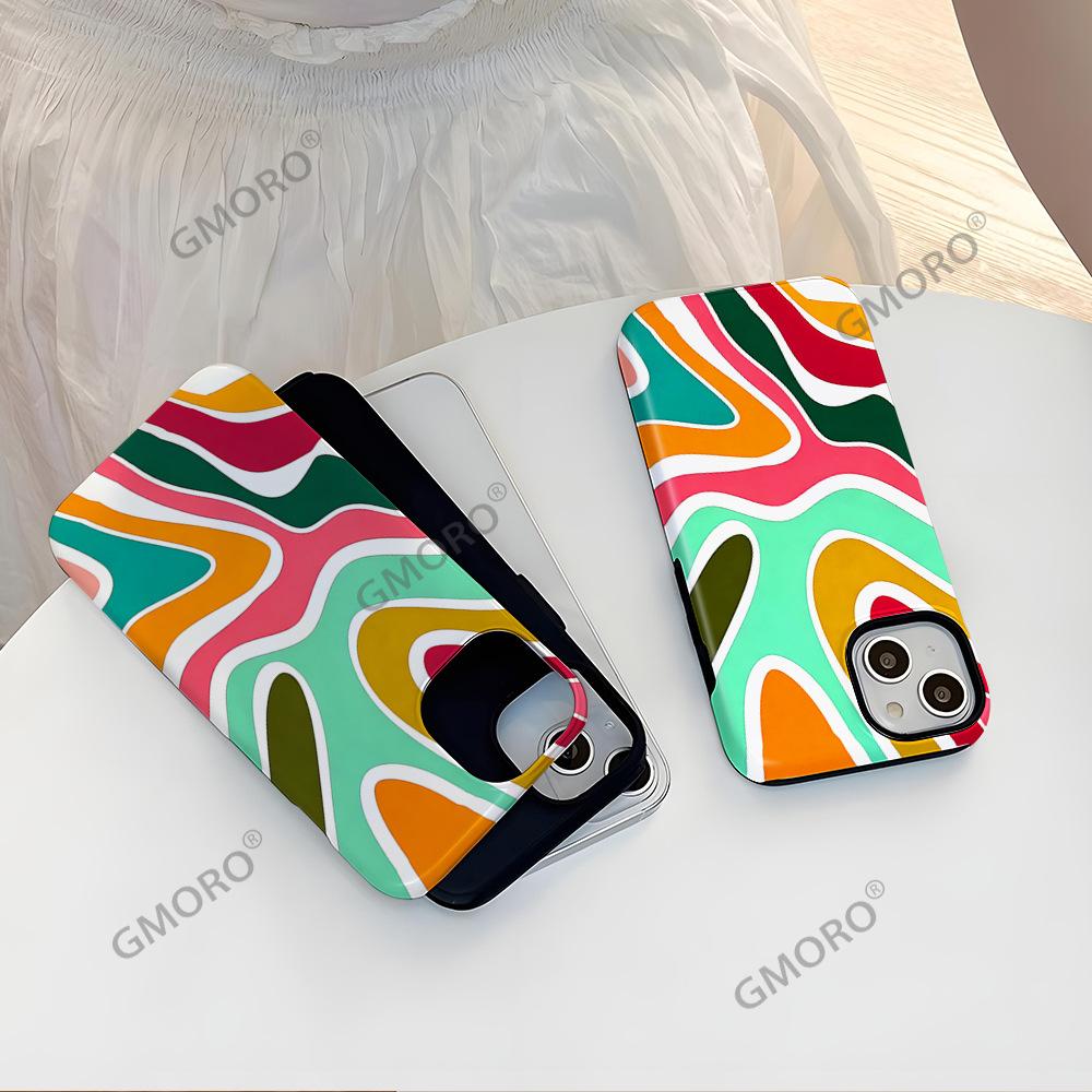 American Retro Color Wavy Pattern Apple 16 Mobile Phone Case 15pm Two-in-one Film Case iPhone17pm Anti-drop