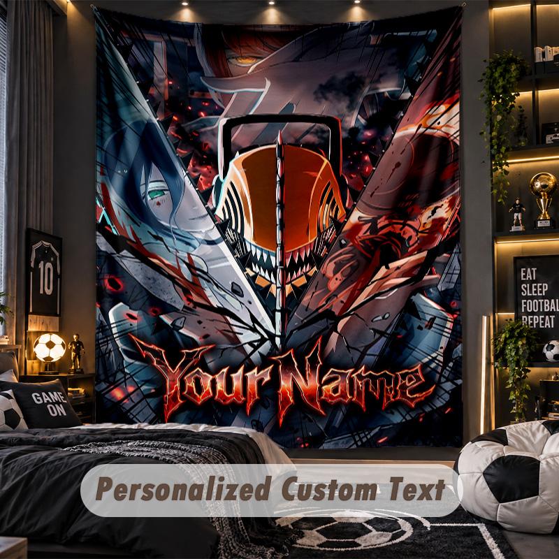 Personalized Wall Tapestry,Chainsaw Man Custom Printed Name, Fabric Wall Art For Indoor Room Backdrop